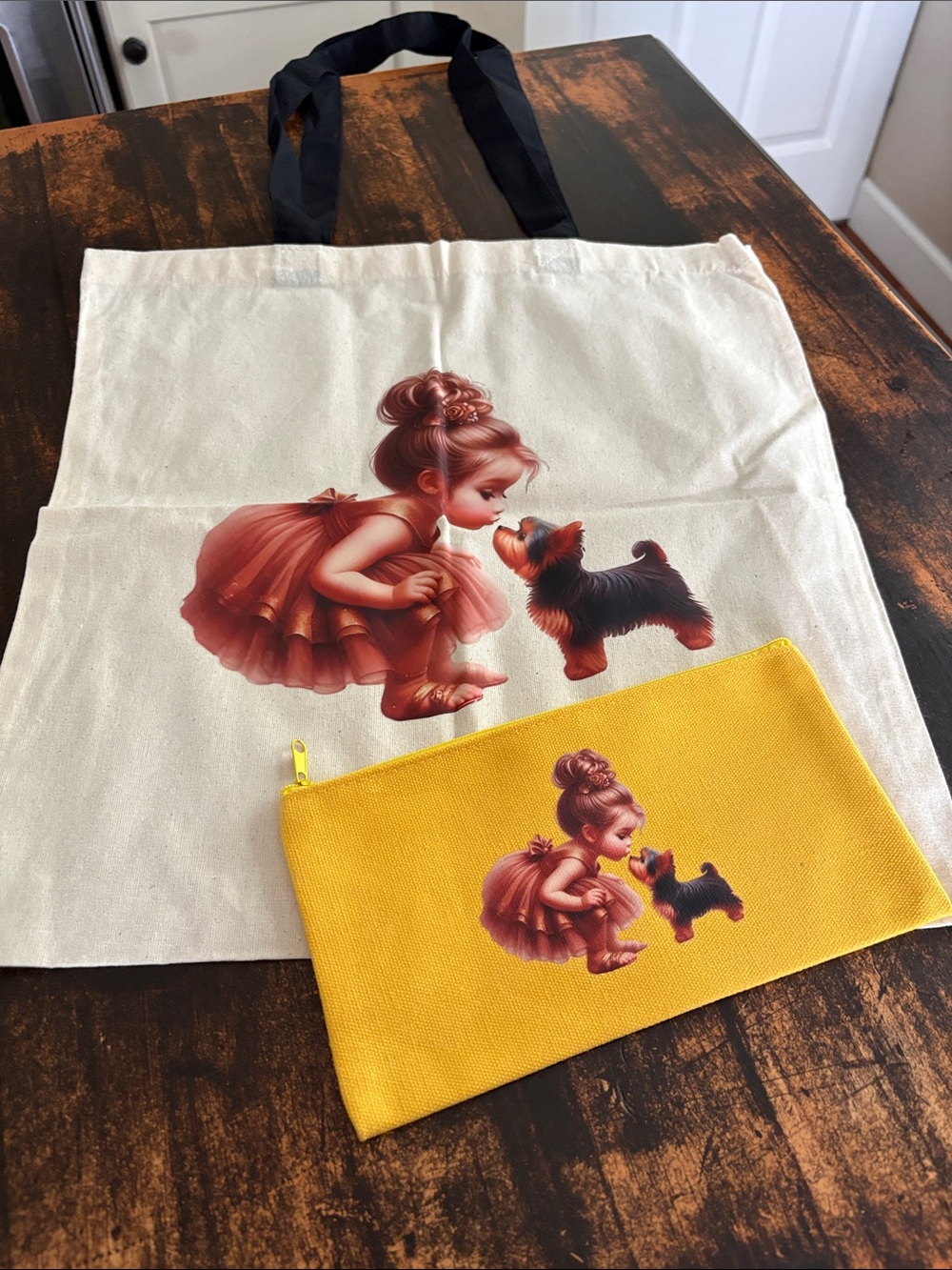 Canvas Tote & Pouch Set with Girl and Puppy Print - White & Yellow